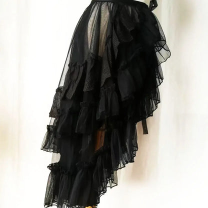 Double Layered Lolita Waist Curtain Sheer Cover Up High Low Skirt w. Asymmetrical Ruffles