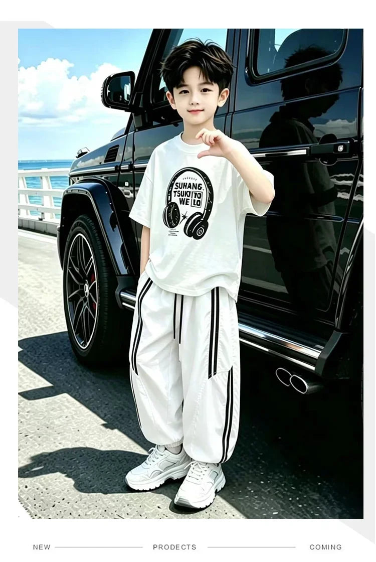 Street Style Children Luxury Summer Outfit Top And Bottom Set for Teen Boys T-shirt Pants Suit Kids Fashion Streetwear Clothes