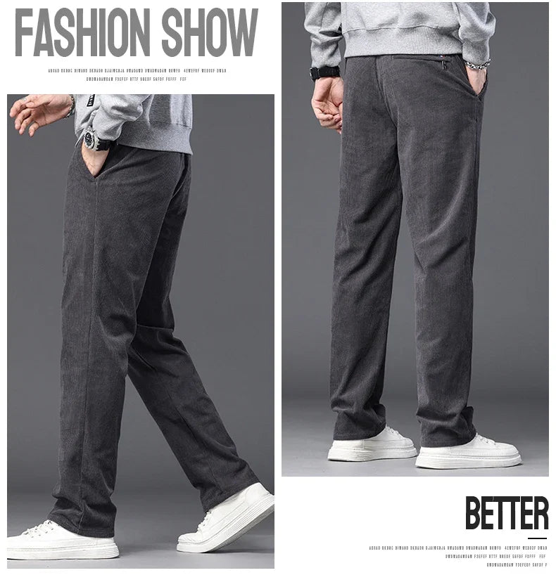 Straight Corduroy Classic Male Pants Khaki Black Gray Baggy Fashion Elastic Waist Trousers Soft Stretchy Casual Men's Clothing