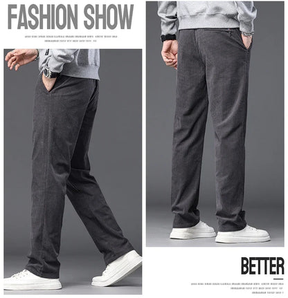 Straight Corduroy Classic Male Pants Khaki Black Gray Baggy Fashion Elastic Waist Trousers Soft Stretchy Casual Men's Clothing