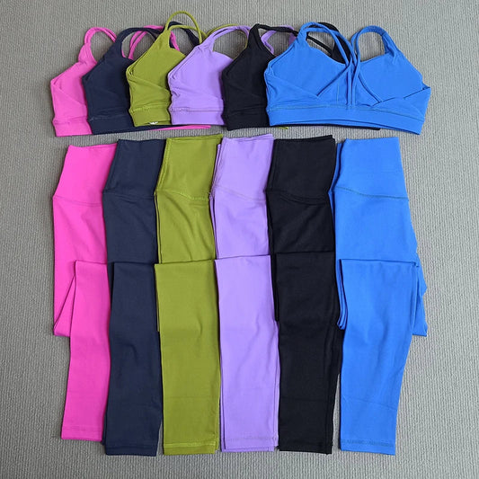 2 Pcs Women's Gym Tights Yoga Sports Set High Waist Leggings Cross Back Bra Top Fitness Running Workout Tracksuit