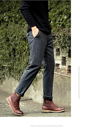 Retro British Wool Herringbone Casual Pants for Men, Thick Loose Plaid Pants for Autumn and Winter, Large Size Woolen Pants