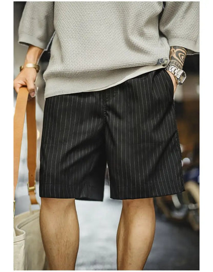 Men's Vintage Vertical Striped Suit Shorts Men's Summer Elastic Waist Straight Leg Office Shorts Business Casual Pants
