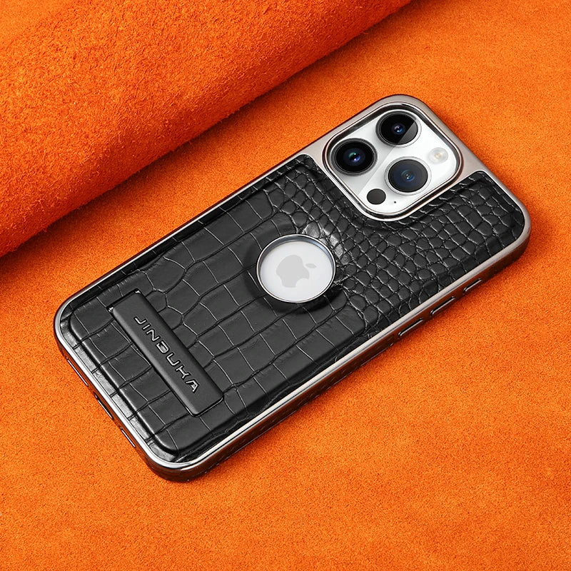 Crocodile Pattern Leather invisible Kickstand Magnetic Case For iPhone 15 16 Pro Max 14 Plus 13 12 Wireless Charging For Magsafe