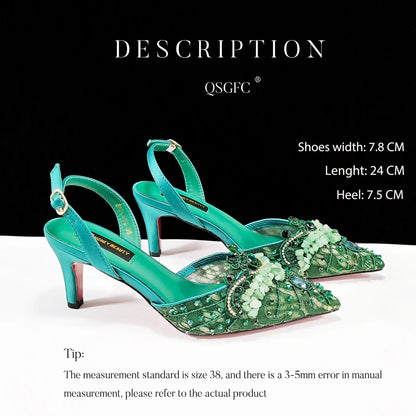 Italian Design Rhinestones and Coral Stones Ladies Party Shoes High Heels Pointed Toe Coffee Color Women's Shoes