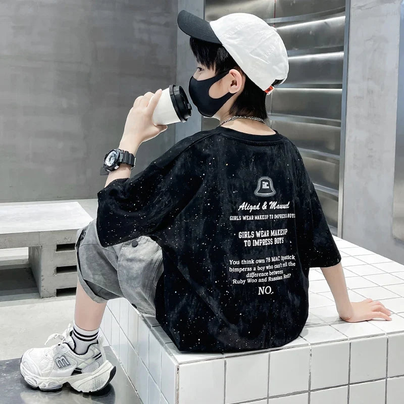 Child Summer Suit for Boy New Design Silver Sprinkles Print Cotton Top and Bottom Set Clothing 2 Piece Outfit For Kids Age 2-14Y