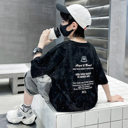 Child Summer Suit for Boy New Design Silver Sprinkles Print Cotton Top and Bottom Set Clothing 2 Piece Outfit For Kids Age 2-14Y