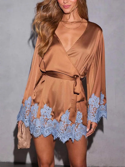 Sexy Chic Brown Lace Satin Womens Dress Spring Deep V Neck Hollow Mini Dress Autumn Long Sleeve Sashes Homewear Night Gown