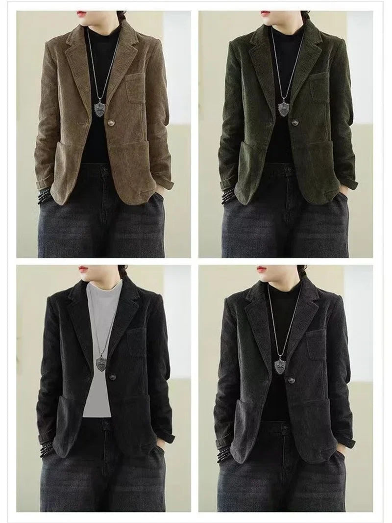 Female Loose Casual Office Ladies Spring Autumn Blazer Jacket Women Korean Long Sleeve Corduroy Suit Coat