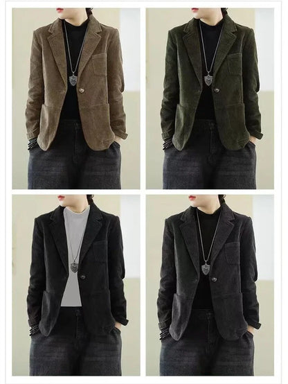 Female Loose Casual Office Ladies Spring Autumn Blazer Jacket Women Korean Long Sleeve Corduroy Suit Coat