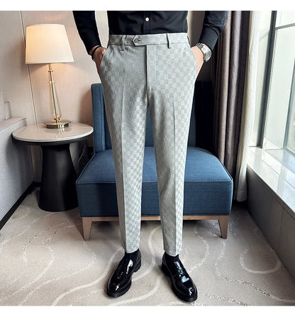 New Men Casual Plaid Suit Pants Fashion Men's Slim Fit Business Social Dress Pants Formal Wedding Social Party Male Trousers