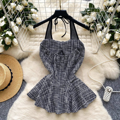 American Summer Women Camisole Halter Buttons Y2K Solid Slim Fit Tops Fashion Chic Tweed Design Hotsweet Tank Top