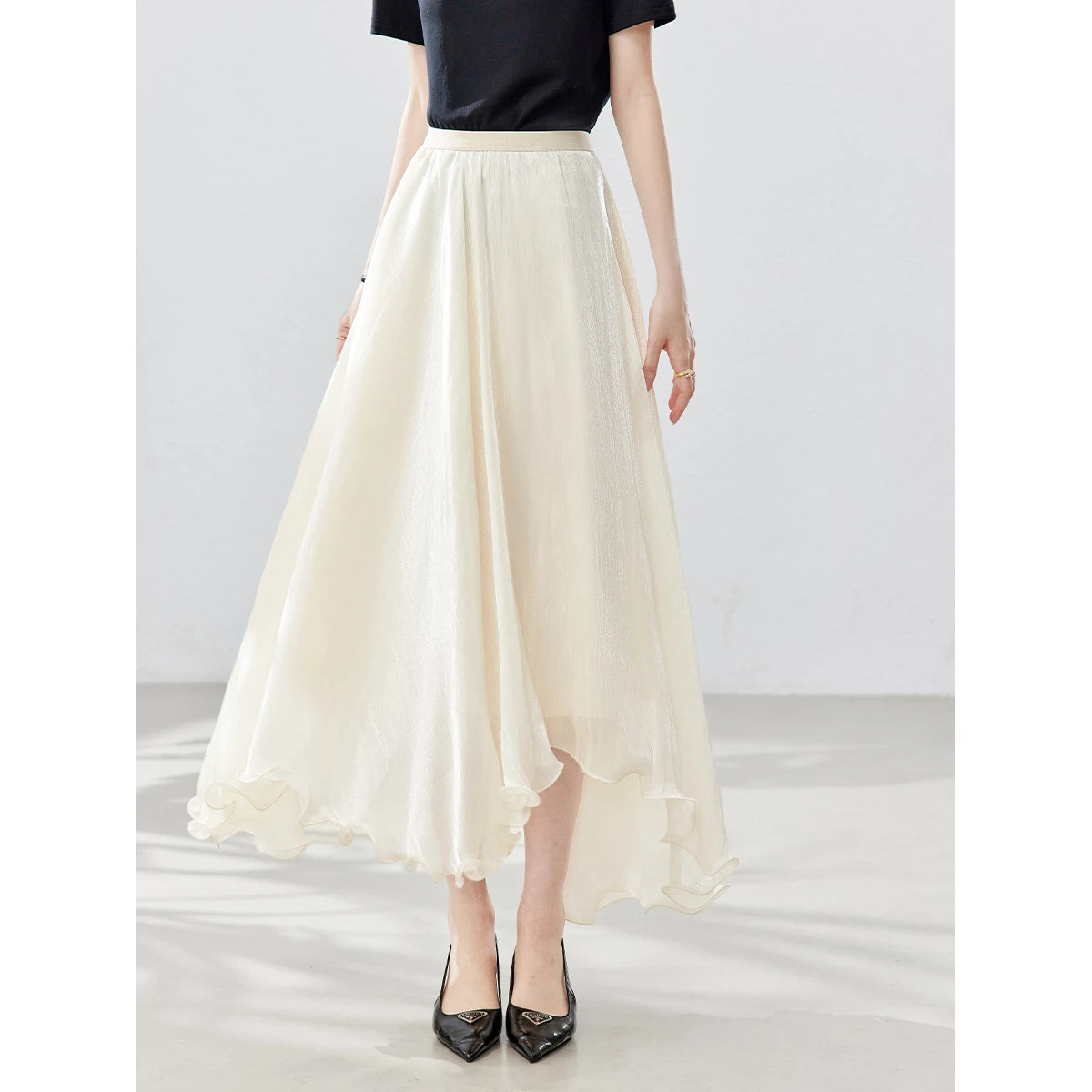 French A-line Shimmer Skirt for Women 2026 Summer New Fashion Irregular Ruffle Hem Elegant Office Maxi Skirt Bottoms 30813