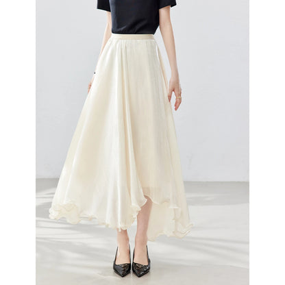 French A-line Shimmer Skirt for Women 2026 Summer New Fashion Irregular Ruffle Hem Elegant Office Maxi Skirt Bottoms 30813