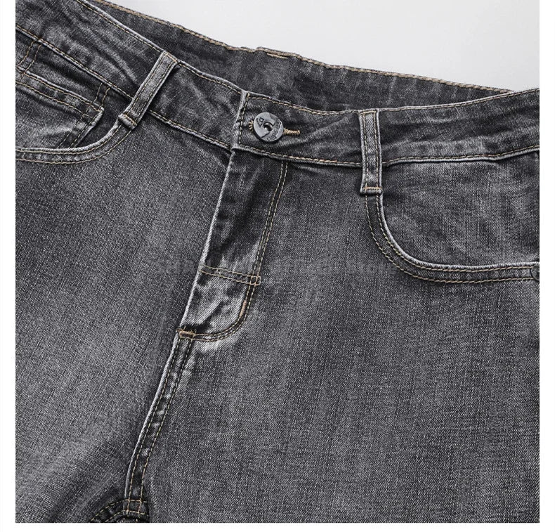 2026 Cotton Stretch Jeans Business Casual Men's Thin Denim Jeans Grey Spring Summer Brand New Fit Straight Lightweight