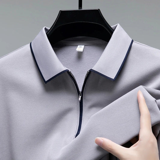 Light luxury brand long sleeved men's polo shirt autumn fashion flip collar half zipper design boutique top silk casual T-shirt