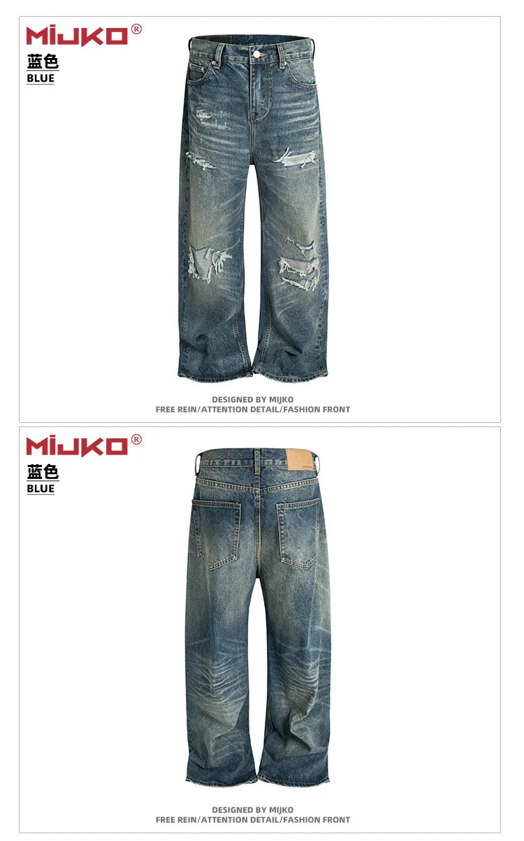 Unisex Retro Washed Aged Ripped Straight Leg Blue Jeans Torn Hole Z029#