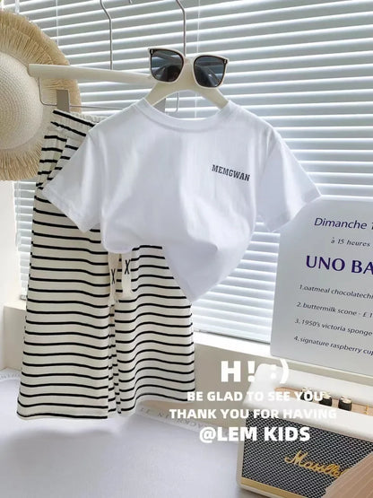 1-8 Years Summer Girls Clothing Set Comfortable Letter T-shirt+Stripe Loose Fitting Pants 2Pcs Suit For Kids Children Outfit