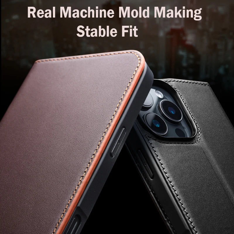 Genuine Leather Flip Case for iPhone 16 Plus Handmade Fashion Cover with Card Slots for iPhone 16 15 14 13 Pro Max 15Pro