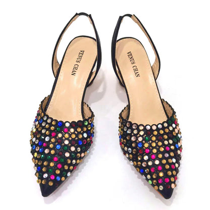 Shoes for Women High Heels 2023 Pointed Luxury Designer Colorful Stones Evening Party Matching Shoes and Bags Sets