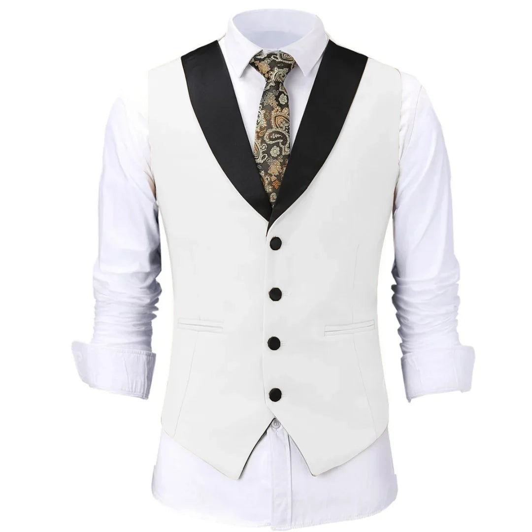 Men Vest White Single Button With Black Lapel Waistcoat For Wedding Birthday Banquet Party Business Work Daily Men Suit Vest