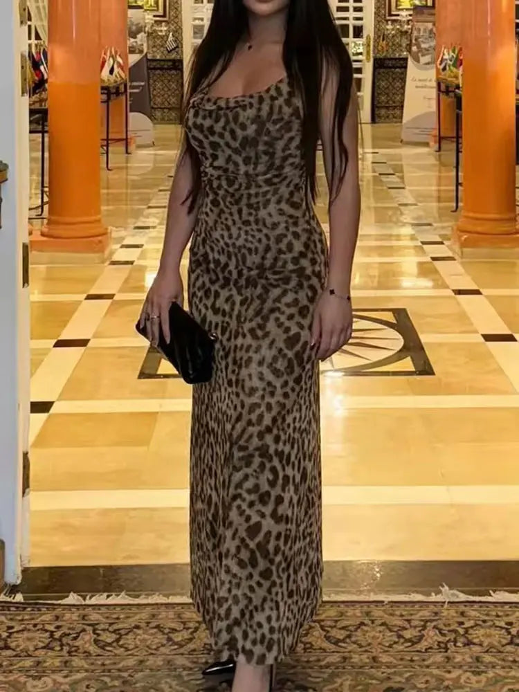 Women Vintage Leopard Print Spaghetti Strap Dress Sexy Backless Tulle Long Dresses Fashion Y2k High Street Vestido Mujer