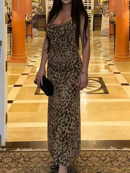 Women Vintage Leopard Print Spaghetti Strap Dress Sexy Backless Tulle Long Dresses Fashion Y2k High Street Vestido Mujer
