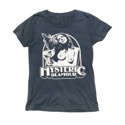 Hysteric Glamour 90s Retro Style Charcoal Reprint T Shirt for Men Women Y2k Graphic Short Sleeve Shirt Unisex Men Women Summer