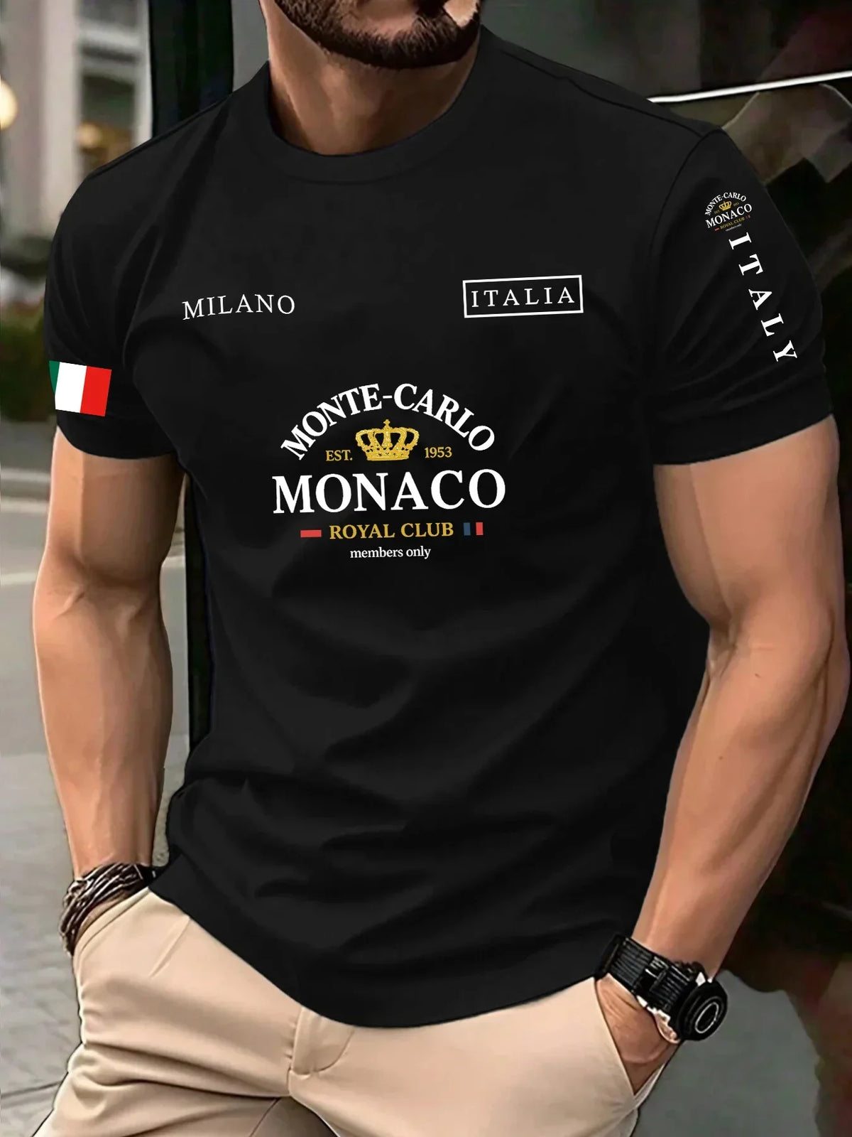 Best-selling Monaco Letter Flag Print 100% Cotton Men's and Women's T-Shirt - Casual Loose-Fitting Street Short Sleeve