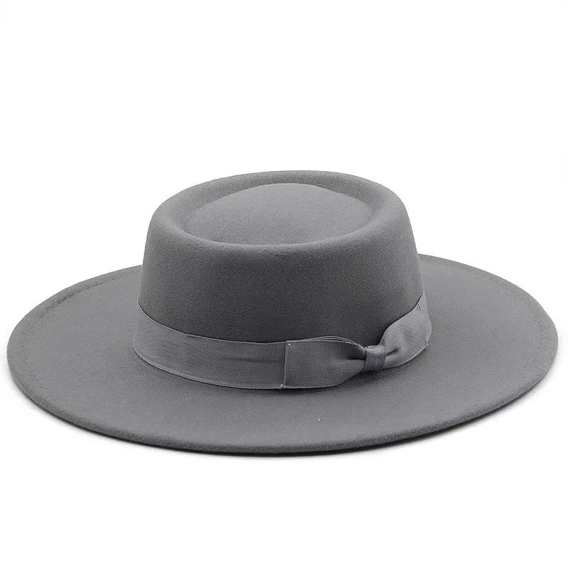 9.5cm Brim Round Top Hat Solid Color Fedoras Bow Flat Top Boater Style Panama Hats for Women Men Party Wedding Church Felt Caps