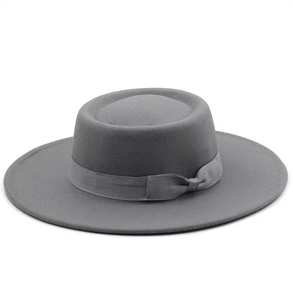 9.5cm Brim Round Top Hat Solid Color Fedoras Bow Flat Top Boater Style Panama Hats for Women Men Party Wedding Church Felt Caps