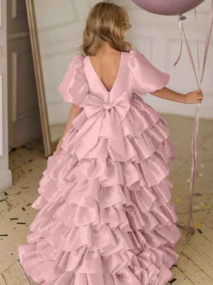 Customized Flower Girl Dresses Beige Tiered With Bow And Tailing Short Sleeve For Wedding Birthday Party Holy Communion Gowns