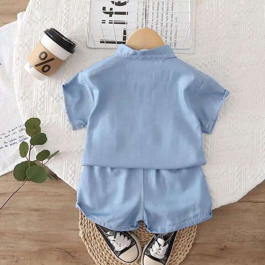 Children Cotton Clothes Summer Child Boy Cartoon Denim Solid Shirt Short 2Pcs/set Infant Kid Fashion Toddler Tracksuit 0-5 Years