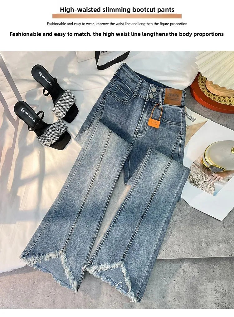 Women Autumn Y2K Slim Flared Denim Trouser Raw Edge Vintage Sexy Minimalist Pant Grunge High Waist Solid High Street Retro Jeans