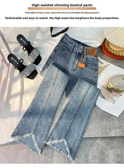 Women Autumn Y2K Slim Flared Denim Trouser Raw Edge Vintage Sexy Minimalist Pant Grunge High Waist Solid High Street Retro Jeans