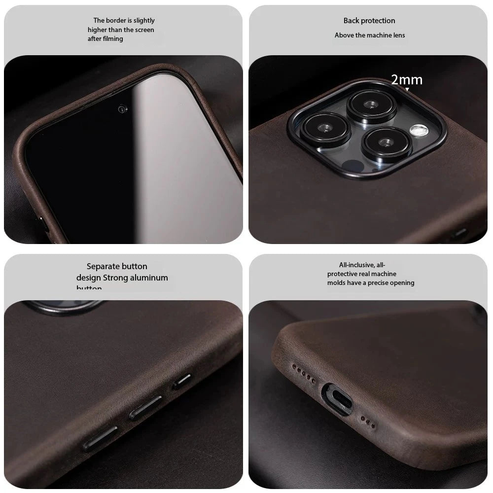 Italian Crazy Horse Genuine Leather Case for iPhone 16 15 17 Pro Max Magnetic Cases Personality Cowhide with MagSafe Phone Cover