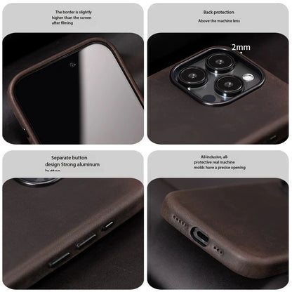 Italian Crazy Horse Genuine Leather Case for iPhone 16 15 17 Pro Max Magnetic Cases Personality Cowhide with MagSafe Phone Cover
