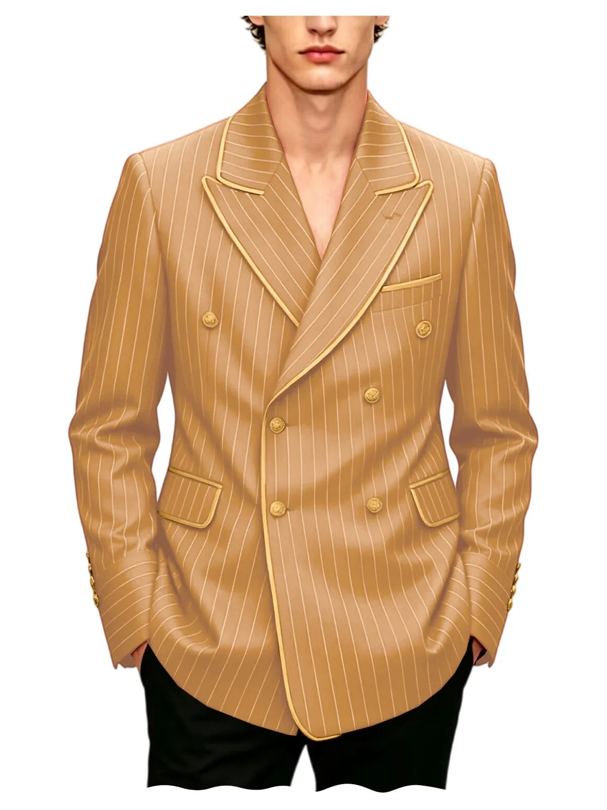 Luxury Men's Pinstripe Blazer Gold Trim Peak Lapel Formal Suit Breathable Lightweight Jacket for Business Party Wedding Coat
