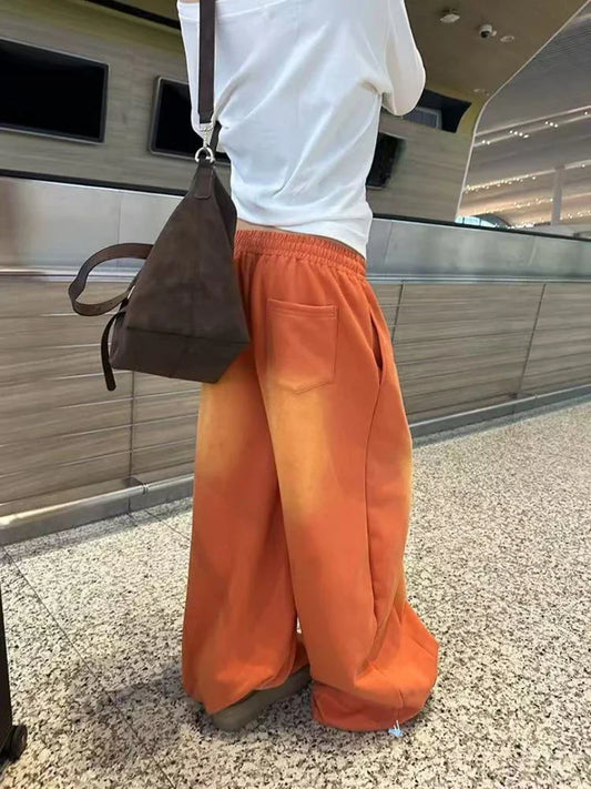 Women's Jeans Orange Mid Low Waist Washed Retro Wide Leg Loose Sports Kpop Hip-hop Street Pants Fashion Women's Pants