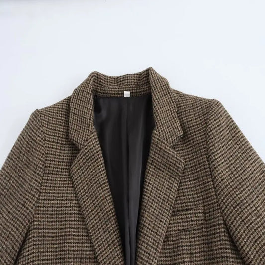 Autumn Winter Plaid Mixed Fabric Women's Suit Jaet Versatile Design New Arrival Faionable Commute Sle Long Sve