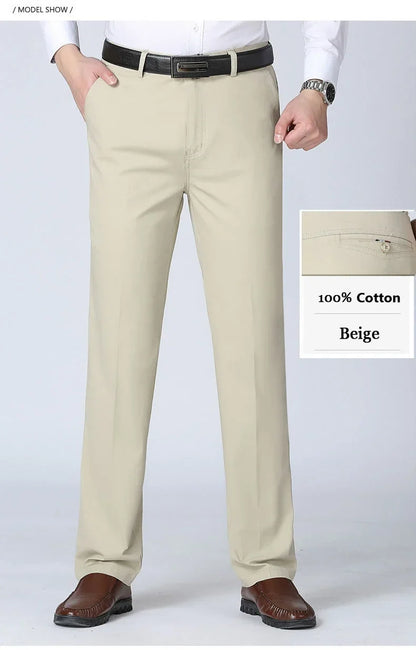 100% Cotton Spring Summer Middle-aged Cargo Trousers Men's Straight Slacks High Waists Thin Thick Breathable Male Suit Pants