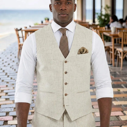 Beige Linen Men Vest for Wedding Party 1 Piece Summer Beach Male Waistcoat V Neck Fashion Coat New Arrival