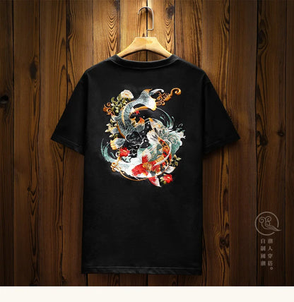 Mens Summer T Shirts Chinese Carp Embroidery T Shirt Men Vintage Graphic Tees Harajuku Cotton Casual Short Sleeve High Quality