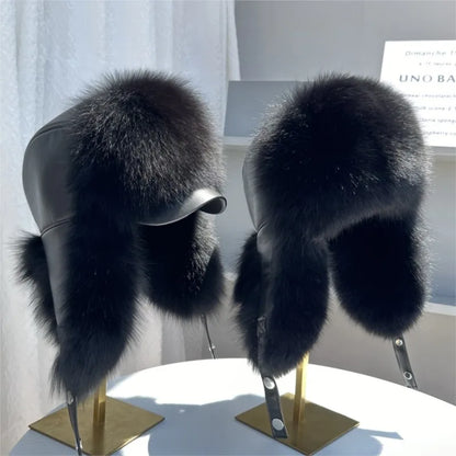 100% genuine fox fur ear-protecting hat Men real raccoon fur bomber hat Women winter warm fur real sheep leather snow hat