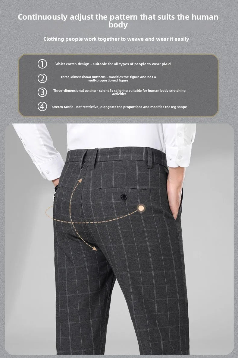 Autumn Winter Men's Business Casual Plaid Pants Korean Fashion Stretch Slim Fit Suit Pants Male Office Formal Versatile Trouser