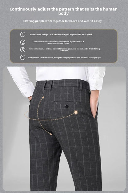 Autumn Winter Men's Business Casual Plaid Pants Korean Fashion Stretch Slim Fit Suit Pants Male Office Formal Versatile Trouser