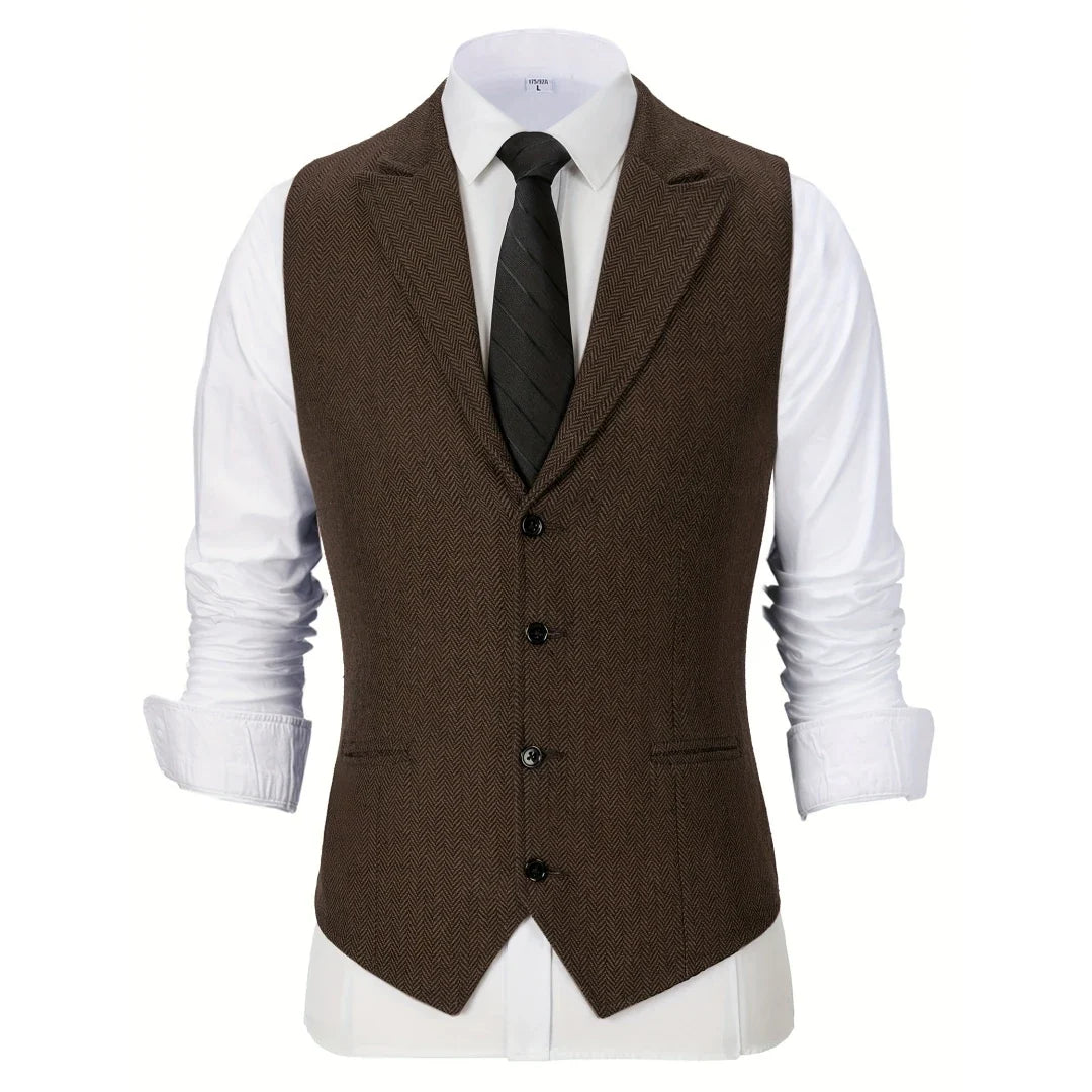Men Vest Brown Herringbone Single Button With Lapel Waistcoat For Wedding Party Business Work Office Daily Casual Men Suit Vest