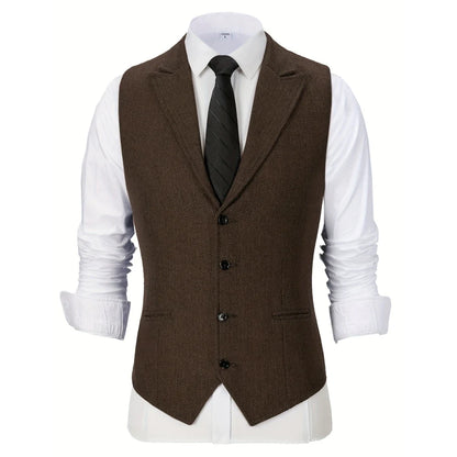 Men Vest Brown Herringbone Single Button With Lapel Waistcoat For Wedding Party Business Work Office Daily Casual Men Suit Vest