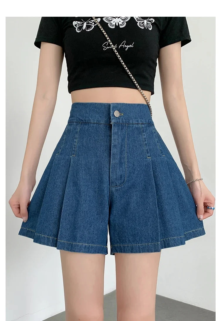 2024 Summer Plus Size Denim Shorts For Women High Elastic Waist Blue Or Sky Blue Pleated Mini Large Size Short Femme