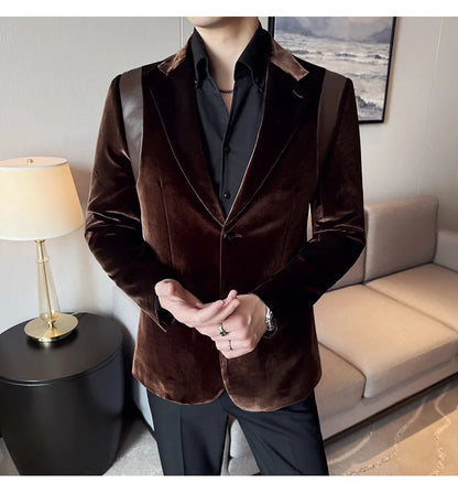 Leather Splicing Mercerized Velvet Suit Jacket 2025 Autumn New Men's High-end Business Slim Fit Fashion Party Tailcoat 4XL-M